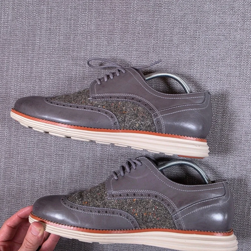 Cole Haan Original Grand Oxfords Mens 9.5 Grey Leather Wool Tweed Wingtip C30344